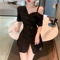 시크한 의 오프숄더 정장 스커트 여 허리라인 슬림 버튼 하객원피스 여성 여름원피스 치마 블라우스
