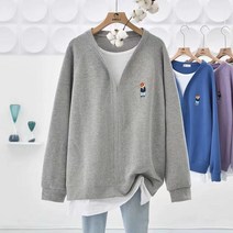 여성 빅사이즈 브이넥 맨투맨 오버핏 자수 긴팔티셔츠 데일리