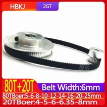 gt2타이빙벨트 풀리타이 3d 타이밍벨트 2M 80 개 이빨 20 2GT 80T + 20T 타이밍 풀리 벨트 세트 보어 폭 10mm 장력 휠 동기 3D 프린터 부품, 20T-Bore 5mm, 80T-Bore 12mm, Belt length 400mm
