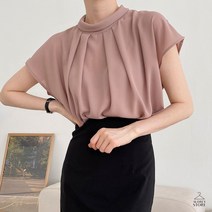 여름 여성 쉬폰 라운드 주름 핀턱 캡소매 나시 블라우스 정장 하객 화이트 베이지 블랙