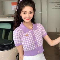 메이킹유 데일리 크롭 반팔니트 체크무늬 A521론체니트