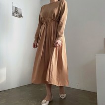 [비비애르] 스트링 니트 배색 주름 롱 원피스 청담룩 스판좋은원피스 가을 겨울하객원피스 맘룩