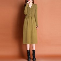 캐시미어원피스 양모셔츠 여성미디롱타입 V넥가을 겨울패셔녀블 맨 아래 두꺼운털옷 고급 프랑스타입 캐시미어 원피스