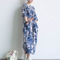 면 린넨 여성 빅사이즈 롱 원피스 여름 엄마옷 루즈핏 복고풍 오버핏 40 50 60 대 코디 벨트