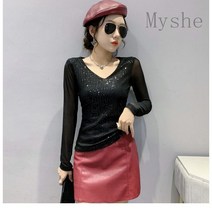 [Myshe]여성 패션 슬림핏 반짝이 티셔츠 댄스복 상의 Shefei1207DDS4