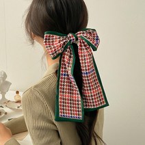 키메라제이 그린 체크 빅리본 헤어슈슈 진주 스카프 곱창 머리끈