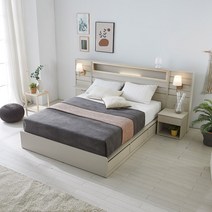 호텔침대 피렌체 편백아트월 LED조명 수납형 침대 QK + 선반패널 + 협탁패널, 진그레이
