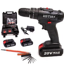 우스틴스 20V 충전 임팩 햄머 전동드라이버, 배터리 2개 및 액세서리