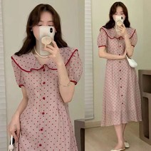 수유 원피스 달콤한 인형 칼라 수유복 핑크 퍼프 소매 도트 날씬해 보이는 임산부 스커트