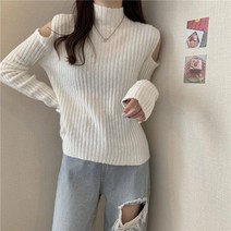 여성용 반 오프숄더 목폴라 니트 티셔츠 하늘비즈 A11 Z415O499