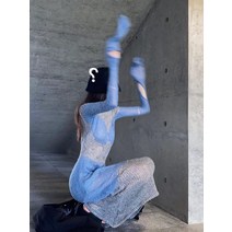 여성 맥시 니트 원피스 모헤어 라이트 약간 투과성 비대칭 긴팔 피쉬 테일 드레스 여