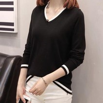 다바드 여성 데일리 브이넥 배색 니트