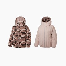 코오롱스포츠 여성 리버서블 양면 후디 다운 핑크베이지 우븐 세로 퀼팅 PET 리사이클 소재 플리스 패딩 점퍼