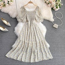 원피스 Kimotimo 여성 꽃 프린트 쉬폰 롱 드레스 여름 스퀘어 칼라 Pleated 탄성 허리 라인 짧은 소매 옷