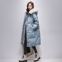 DFMEI 겨울 빅 퍼 카라 도톰 패딩 여성 하프 루즈핏 롱 무릎 위