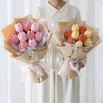 니트 튤립 꽃다발 프러포즈 여자친구 선물 시들지않는 뜨개 부케 정성이 담긴 핸드메이드 조화, 단일사이즈, 일반 핑크 튤립
