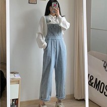 데님점프수트 여자멜빵바지 오버롤 점프 슈트 여성 솔리드 블루 데님 멜빵 루즈 와이드 레그 바지 버튼 디자인 올 매치 엠파이어 식용