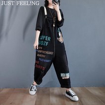 JUST FEEL!NG 빅사이즈 캐주얼 오버핏 여성 캐릭터 데님 멜빵 바지