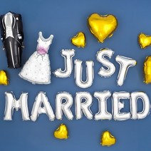 웨딩파티 장식세트 [드레스&턱시도 Just Married 실버] 손펌프증정 파티용품 파티풍선 프로포즈 웨딩 기념일, 1개