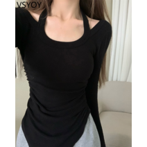 vsyoy 스파이스 걸스 순수한 욕망 긴팔 티셔츠 여성용 봄 교수형 목 슬림핏 슬리밍 백리스 내부 탑베이스 셔츠