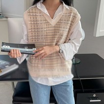 어니언 니트조끼)체크니트조끼 조끼니트 V조끼 체크무늬패턴 브이넥조끼 배색 베스트 기본조끼 민소매조끼