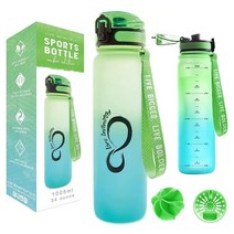 Live Infinitely 시간 마커가 있는 963.9g 34온스 체육관 물병 과일 인퓨저 스크린 BPA 프리 1리터 잠금 플립 탑 뚜껑 내구성 여행용 병 코팅 미드나잇 100m, Lilypad