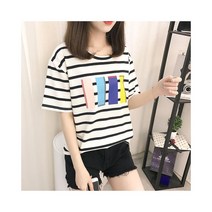와이케이하우스 도매 코튼 스트라이프 2021 여름 새로운 스타일의 재킷 캐주얼 느슨한 한국 여성의 반팔 티셔츠 한 방울_69606