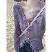 V넥 가디건 슬림 긴팔 여자, S는 75-95파운드를 권장합니다. 보라