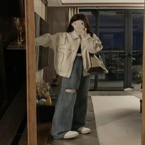 가죽자켓 미국 거리 오토바이 가죽 자켓 탑 여성용 하이 스트리트 패션 브랜드 느슨한 밝은