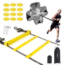 XGEAR Speed Agility 트레이닝 세트 - 실내 실외 TPE 조절 가능한 단 민첩성 사다리 저항 낙하산 스틸 말뚝 4개 디스크 콘 12개 축구 라크로스 하키, flat surface