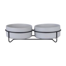 고양이 사료 그릇 2구 목디스크 보호용 애견 뒤집힘 방지 애완용 도자기 밥그릇, 그레이 더블 볼 + 철제선반 × 6인치 850ML(고