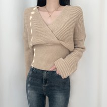 티데일리 여성용 사선 골지 랩 브이넥 니트