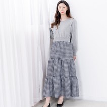 클로랑 아룬 나그랑 허리밴딩 체크 롱 원피스