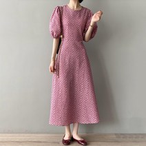 패스타임 여성 지지미 플라워 라운드넥 퍼프 벌룬 소매 여름 볼륨 키작녀 롱 원피스
