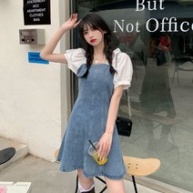 빅사이즈데님원피스 클래식 페이크투피스 벌룬소매 청 여성 뚱뚱한 키커 보이는 스타일리쉬 A라인 트렌드 4677884405