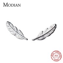 Modian 925 스털링 실버 럭키 패션 낭만주의 깃털 나무 잎 스터드 귀걸이 여성 파인 쥬얼리