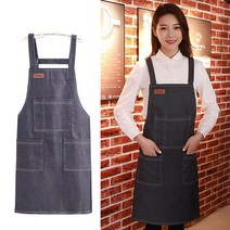 실용적인 H형 어깨끈 데님 원단 앞치마, 블루
