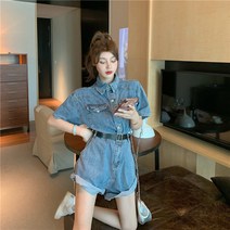 Ogfaou플리츠 아노락페이즐리 77빅사이즈 야자수투버튼린넨 셔링쉬폰 점프수트슈트 냉장고키작키큰 데님 점프 슈트 여성 봄과 여름 느슨한 컬 넓은 다리 바지의 은 얇고 높은 허리전체