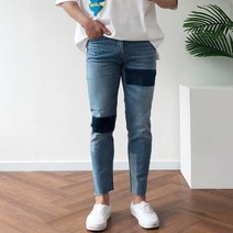 빅사이즈 남자 레이저 밑단 컷팅 배색 라인 중청 데님 9부 청바지