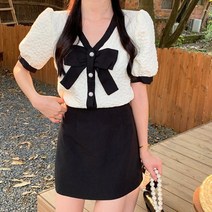 핑크비올라 / 엠보 진주 빅리본 브이넥 블라우스 퍼프 가디건