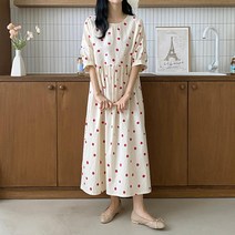 여자 도트 라운드넥 루즈핏 퍼프소매 반팔 롱원피스