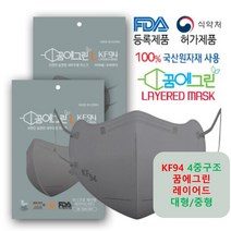 [100매 4중구조]KF94 꿈에그린 새부리형 레이어드 그레이 4중구조 대형/중형 / 성인용 FDA ALL국산원자재 피부저자극 써멀본드 5개입 포장 황사방역보건용 100매, 대형 그레이, 5개