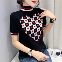 스타일아유 여성 러블리 하트 루즈핏 체크 반폴라 반팔 니트 봄 가을 이너 티셔츠