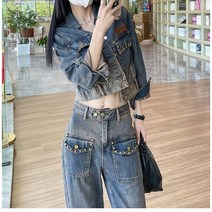 FANSYLI 데님 세트 봄가을 패션 숏자켓 와이드 통바지 투피스 여성 숏 데님 코트 X8A7