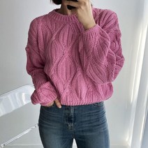 뜨개진 여성용 루즈핏 꽈배기 칼라 크롭 라운드 니트