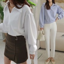 [여시몰6013국내제작]카라 퍼프 맨투맨 티블라우스/셔링 브이넥 봄 여성 기본티 루즈핏 데일리 스커트 청바지 반바지 슬랙스 코디
