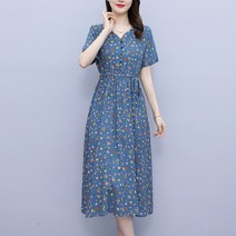 나드리 브이넥 허리 스트링 면 린넨 플라워 A라인 롱 원피스