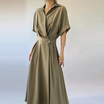 나인포시즌 데얼쉬 여름 6월 7월 결혼식 하객룩 카라 셔츠 롤업 밴딩 랩 셔츠 엄마돌 롱 플레어 하객 원피스