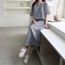 여자 반팔 고방 깅엄 체크 일자 반팔티 롱스커트 세트