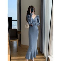 이니트원 겨울 가을 클래식 미드 롱 스웨터 배합 코트 이너 머메이드 니트원피스 3654707640, 블루 -M사이즈